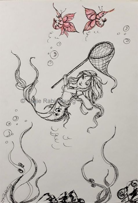 mermaid catching butterfly shrimps by Julie Rabischung